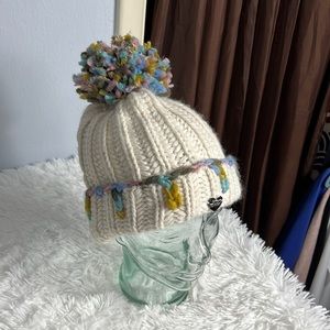 Betsy Johnson Cream Crochet Toboggan Cap with Pom Pom